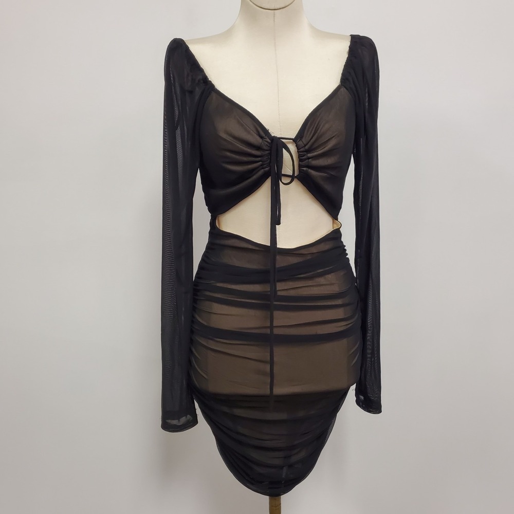 Forever 21 Mesh‎ Bodycon Dress Size S Going Out Club Date Nude Sheer Long Sleeve